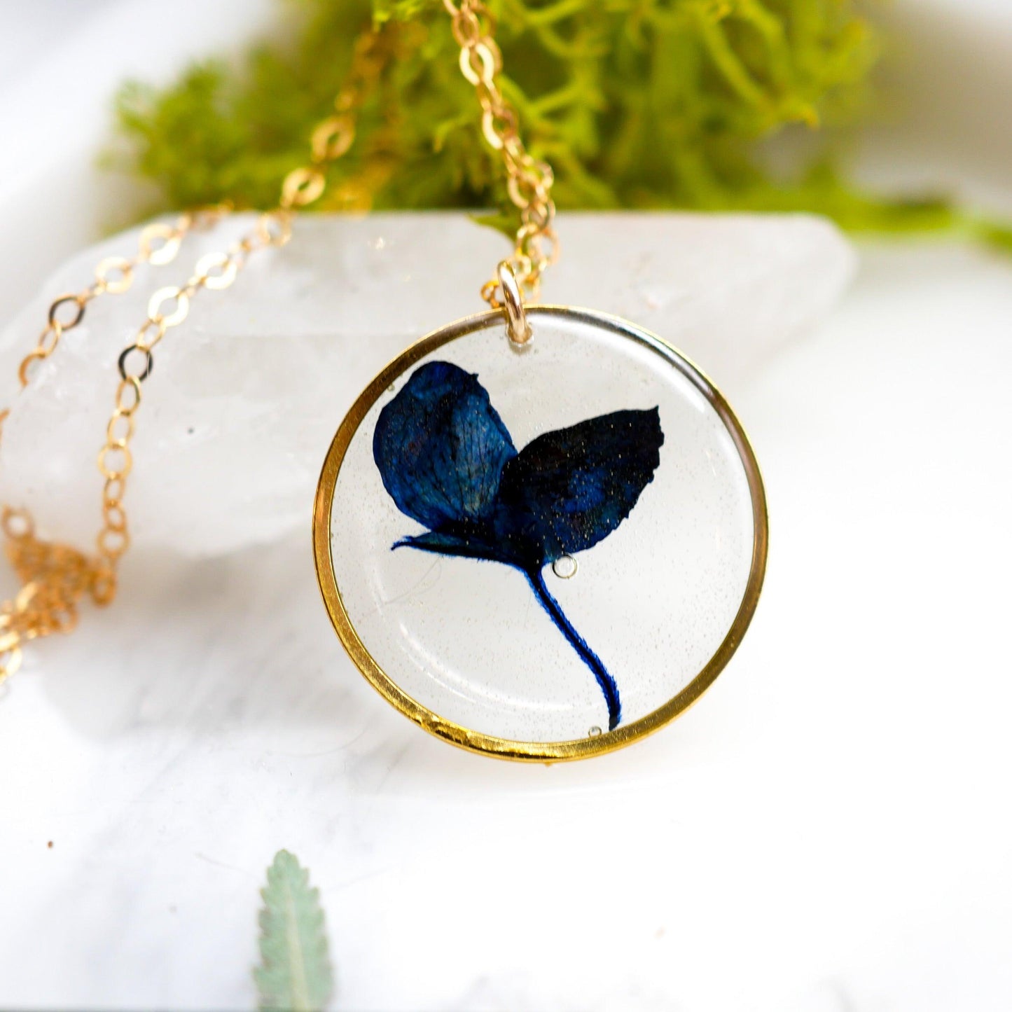 Pressed Texas Bluebonnet circle necklace