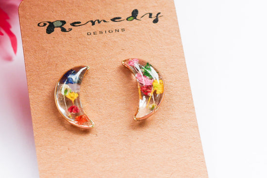 Rainbow moon stud earrings