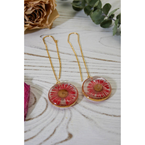 Red daisy ear threader earrings