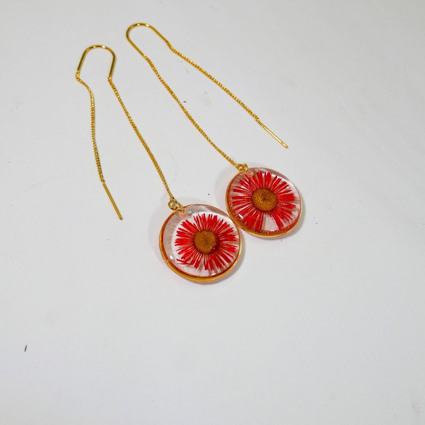 Red daisy ear threader earrings