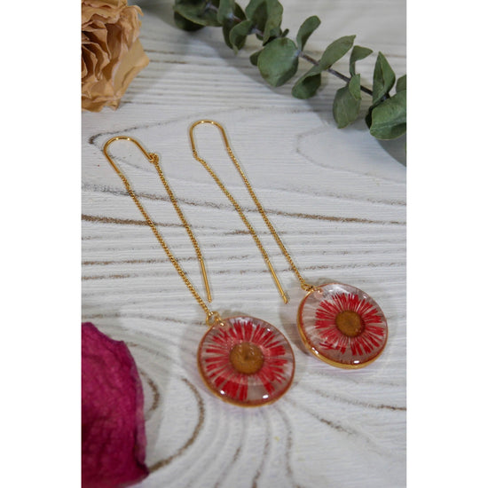 Red daisy ear threader earrings