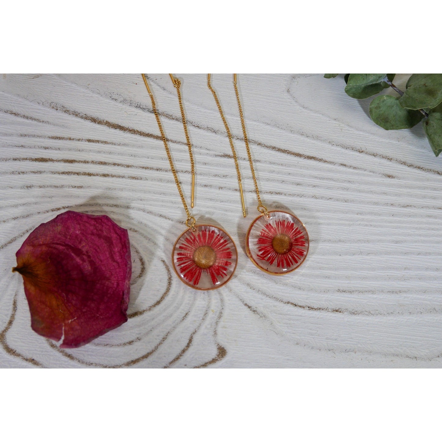 Red daisy ear threader earrings