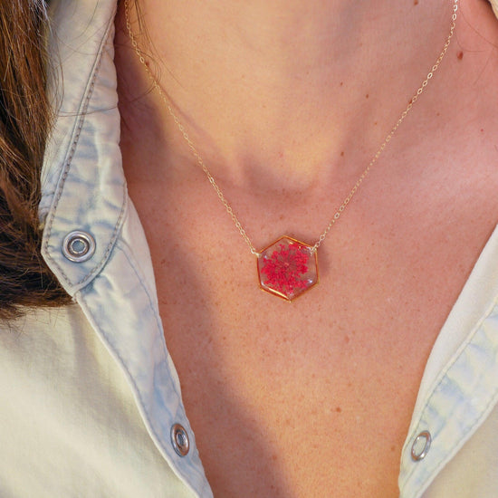 Red Queen Anne's lace Hexagon Necklace