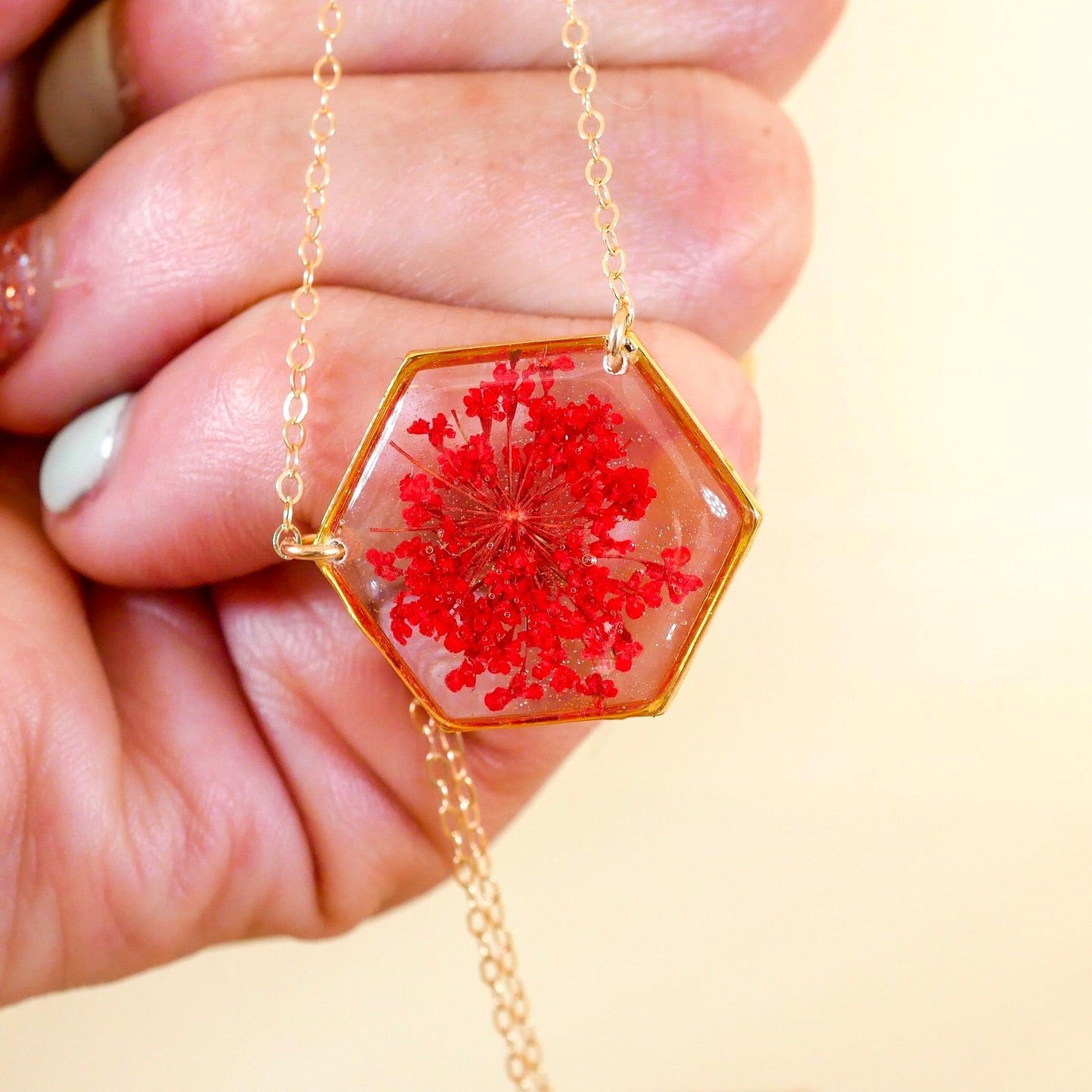Red Queen Anne's lace Hexagon Necklace