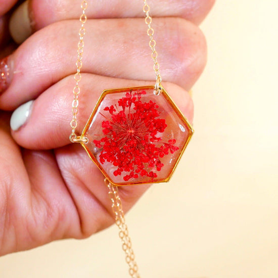 Red Queen Anne's lace Hexagon Necklace