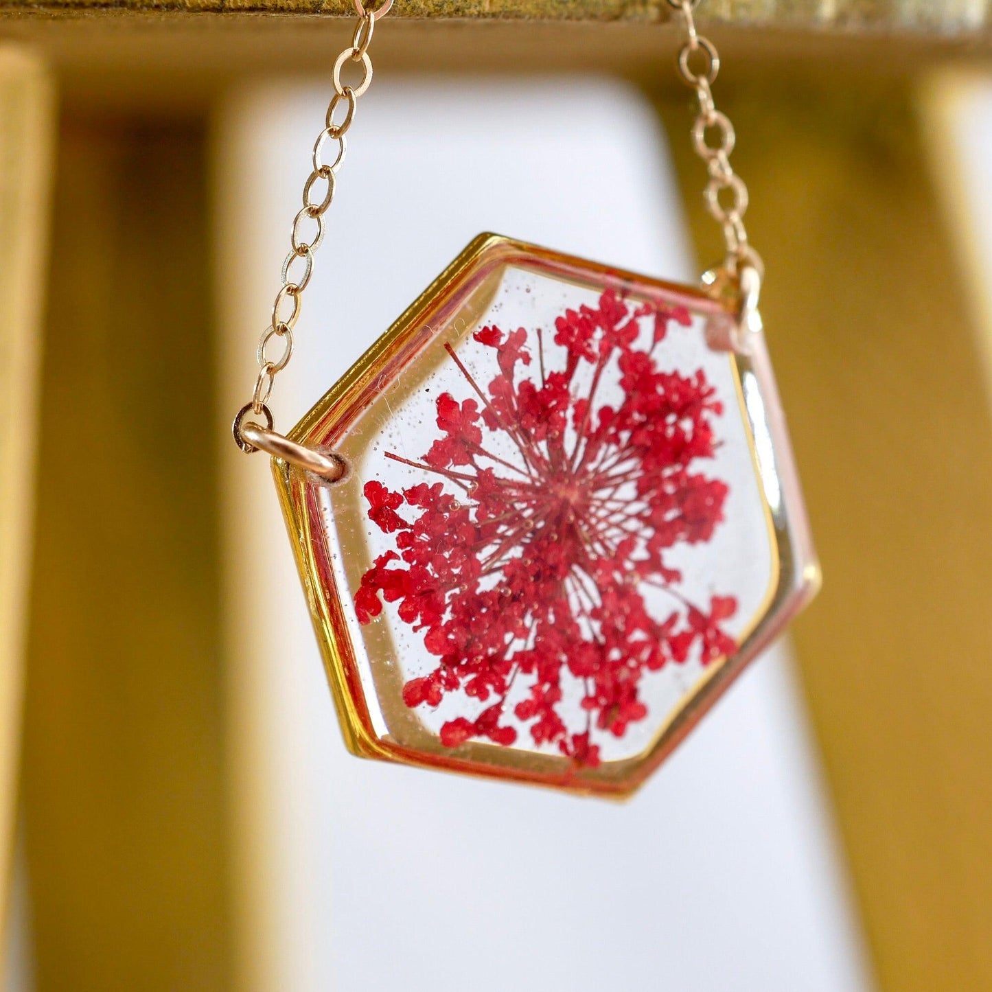 Red Queen Anne's lace Hexagon Necklace