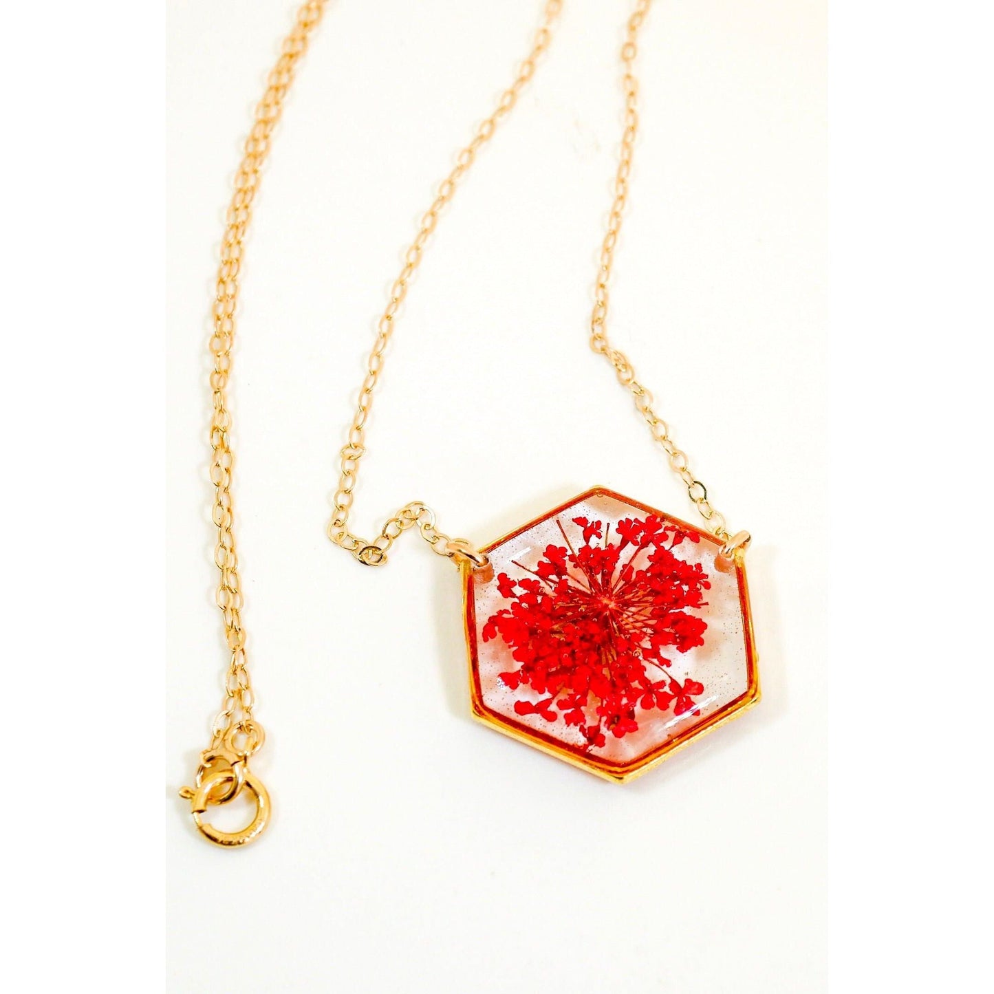 Red Queen Anne's lace Hexagon Necklace