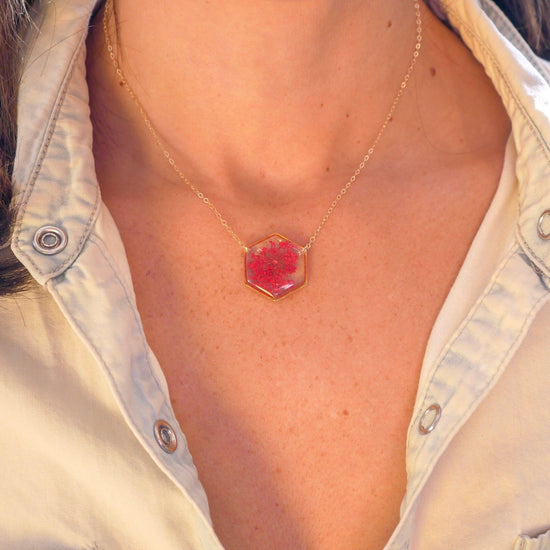 Red Queen Anne's lace Hexagon Necklace