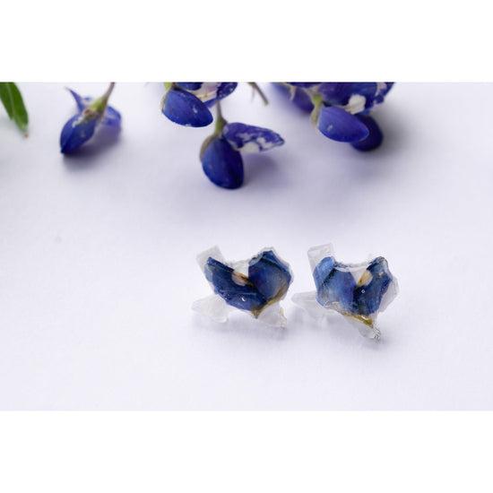 Texas shaped pressed bluebonnet stud earrings