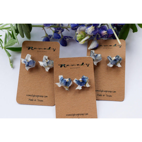 Texas shaped pressed bluebonnet stud earrings