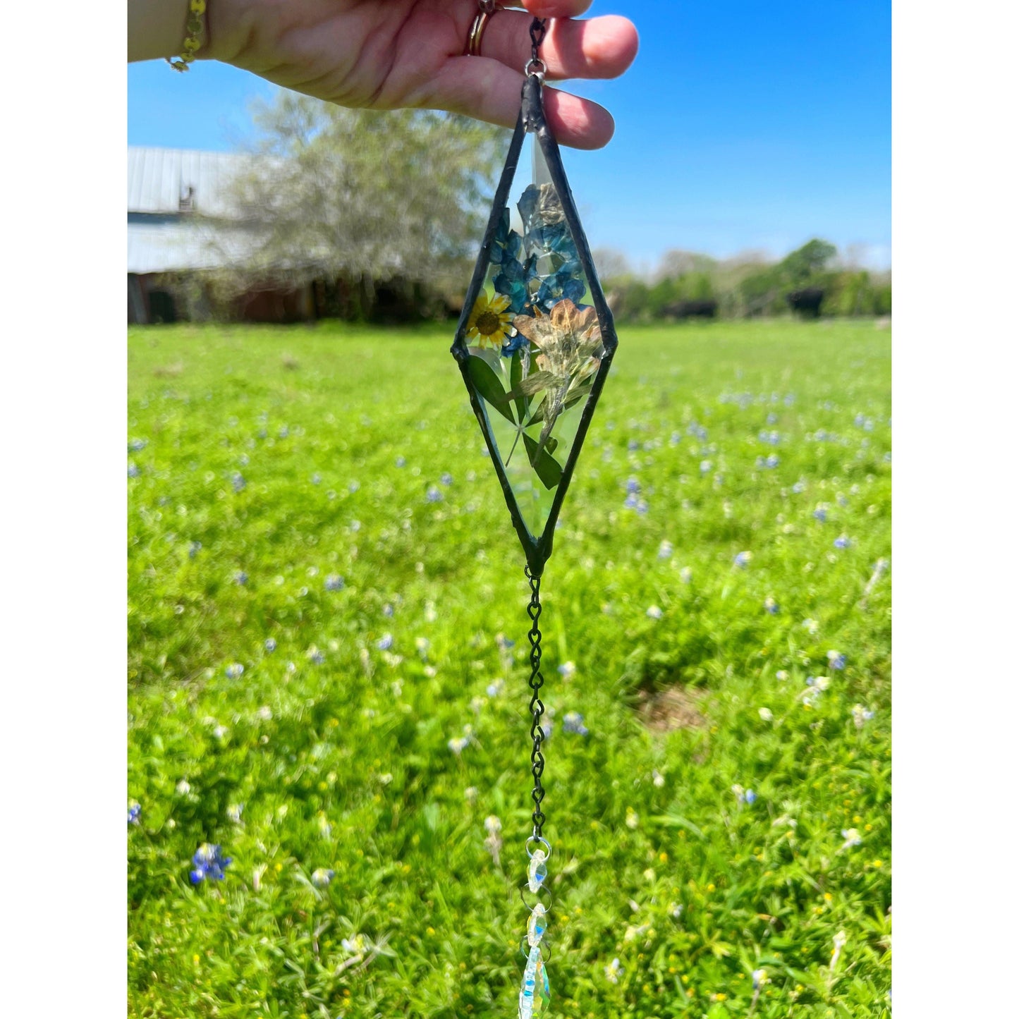 Texas wildflower diamond stained glass with crystal suncatcher wall art