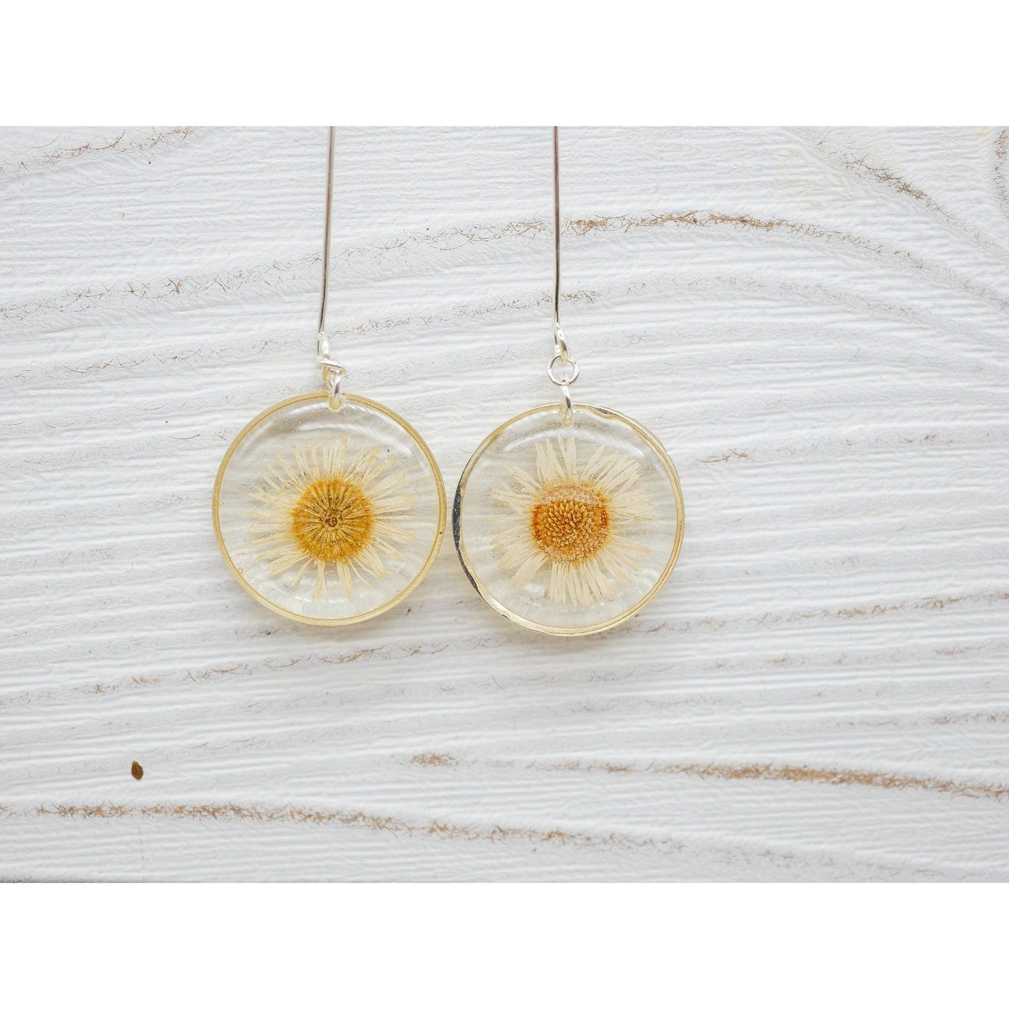 White English Daisy long dangle earrings