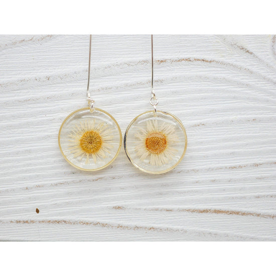 White English Daisy long dangle earrings