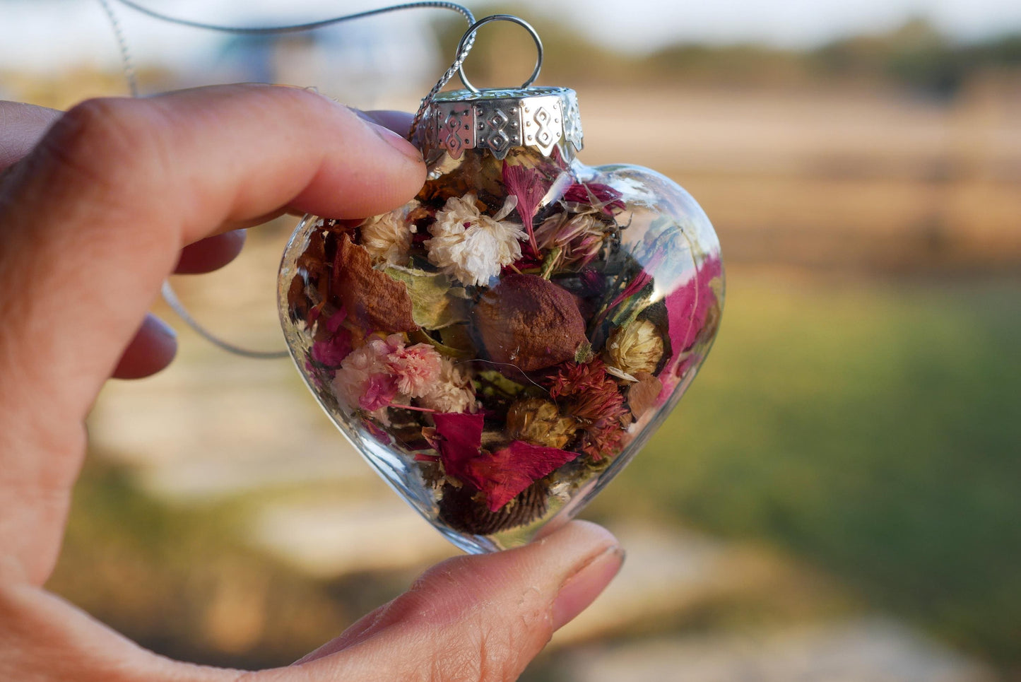 Dried flower heart ornaments, glass rustic heart decor