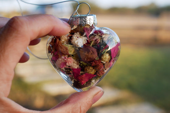 Dried flower heart ornaments, glass rustic heart decor