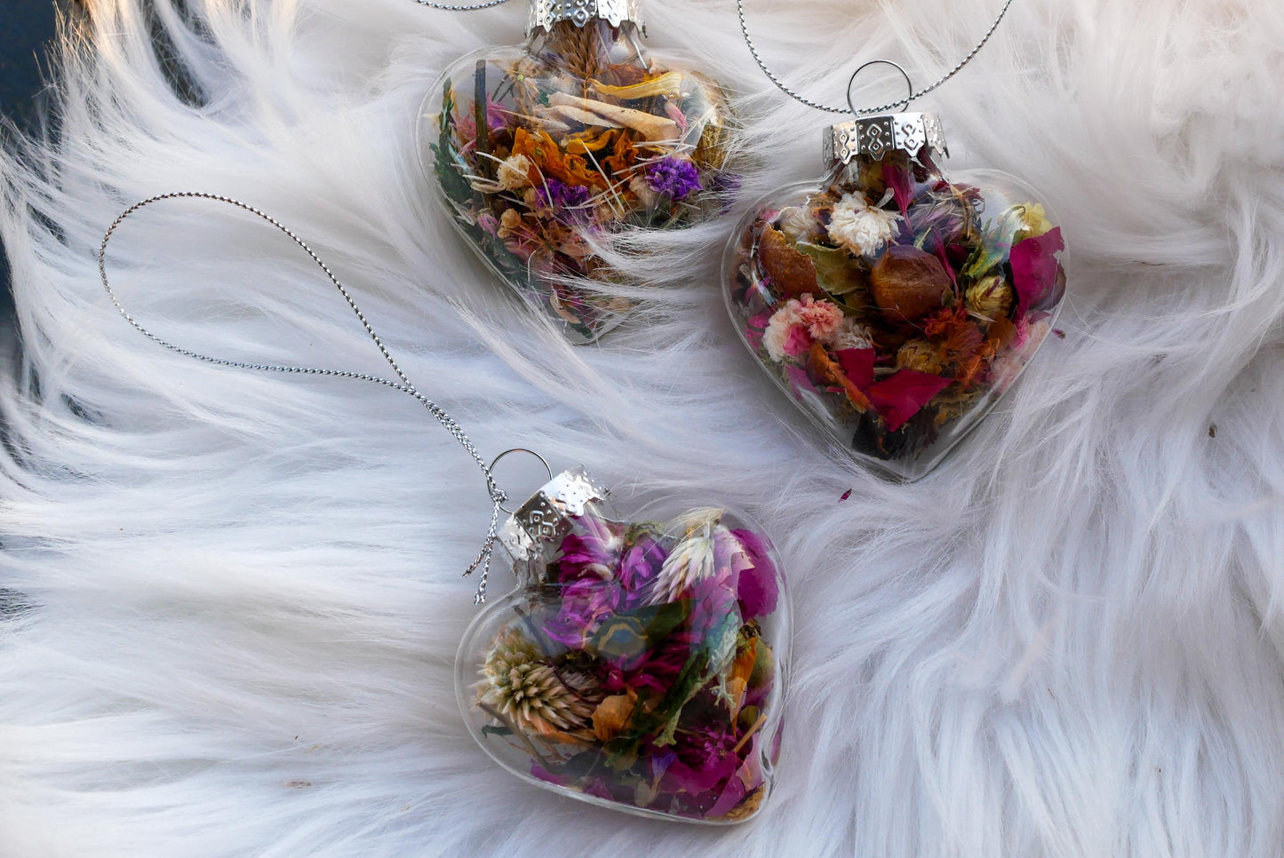 Dried flower heart ornaments, glass rustic heart decor