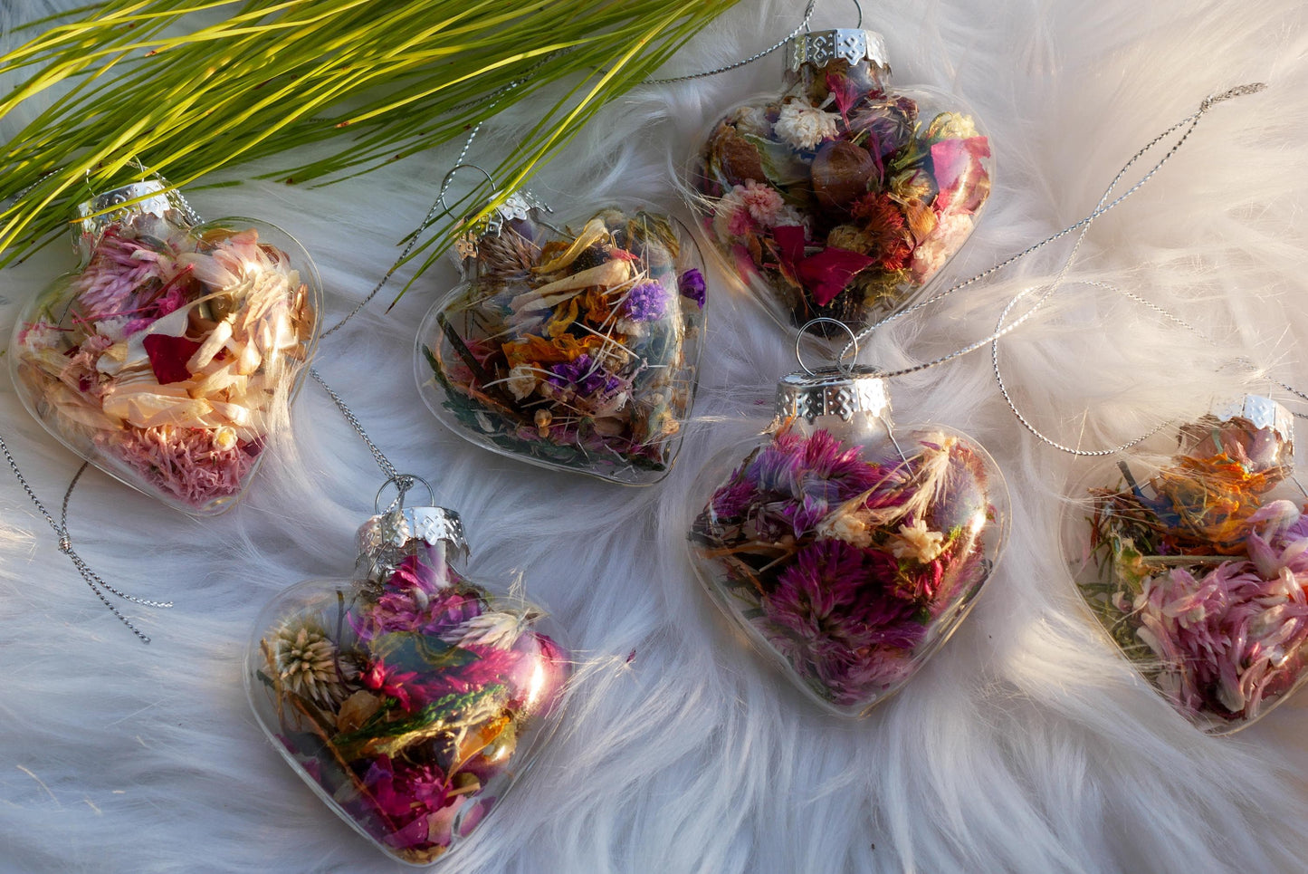 Dried flower heart ornaments, glass rustic heart decor