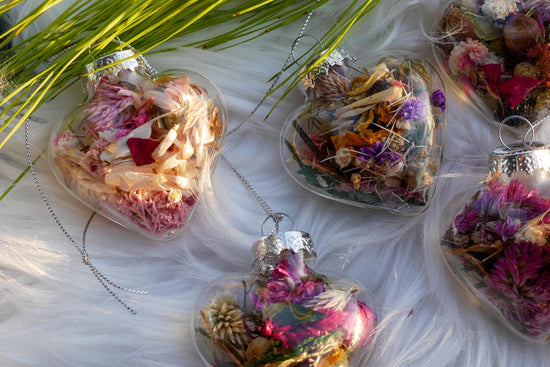 Dried flower heart ornaments, glass rustic heart decor