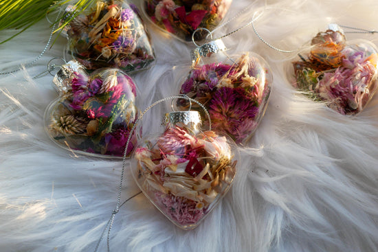 Dried flower heart ornaments, glass rustic heart decor