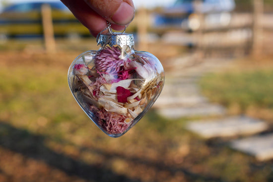 Dried flower heart ornaments, glass rustic heart decor