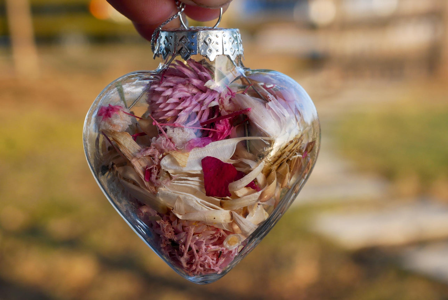 Dried flower heart ornaments, glass rustic heart decor