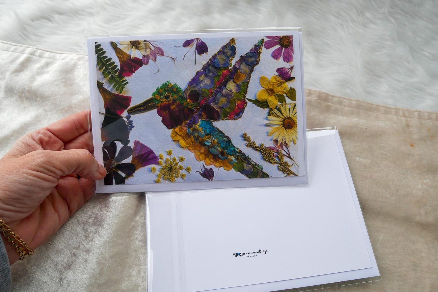 Pressed flower hummingbird greeting card , real flower art PRINT