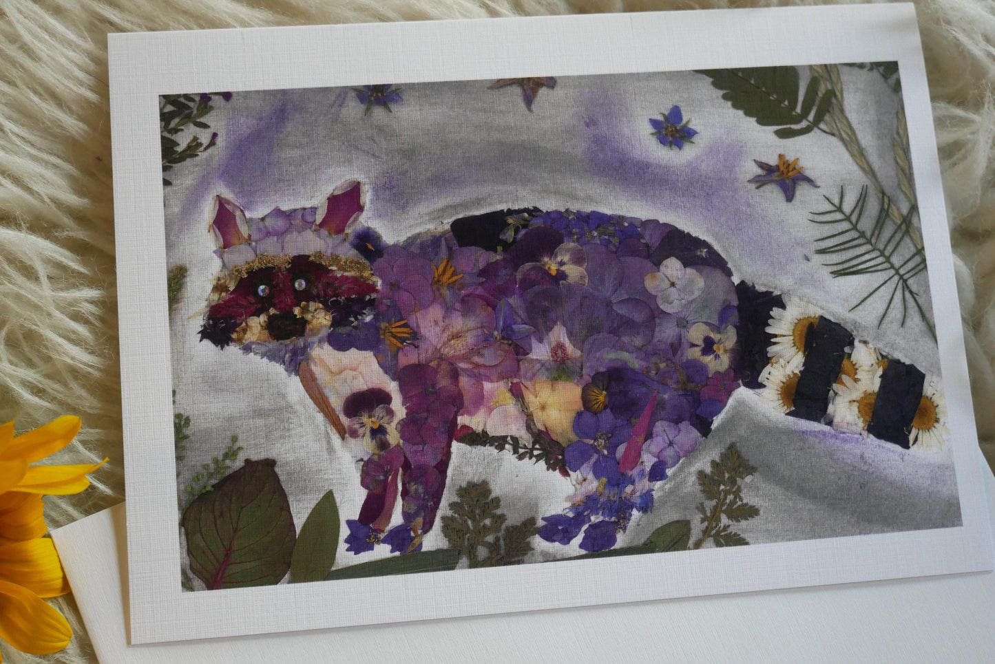 Pressed flower raccoon greeting card, PRINT,  floral whimsical art made with real flowers print, raccoon art