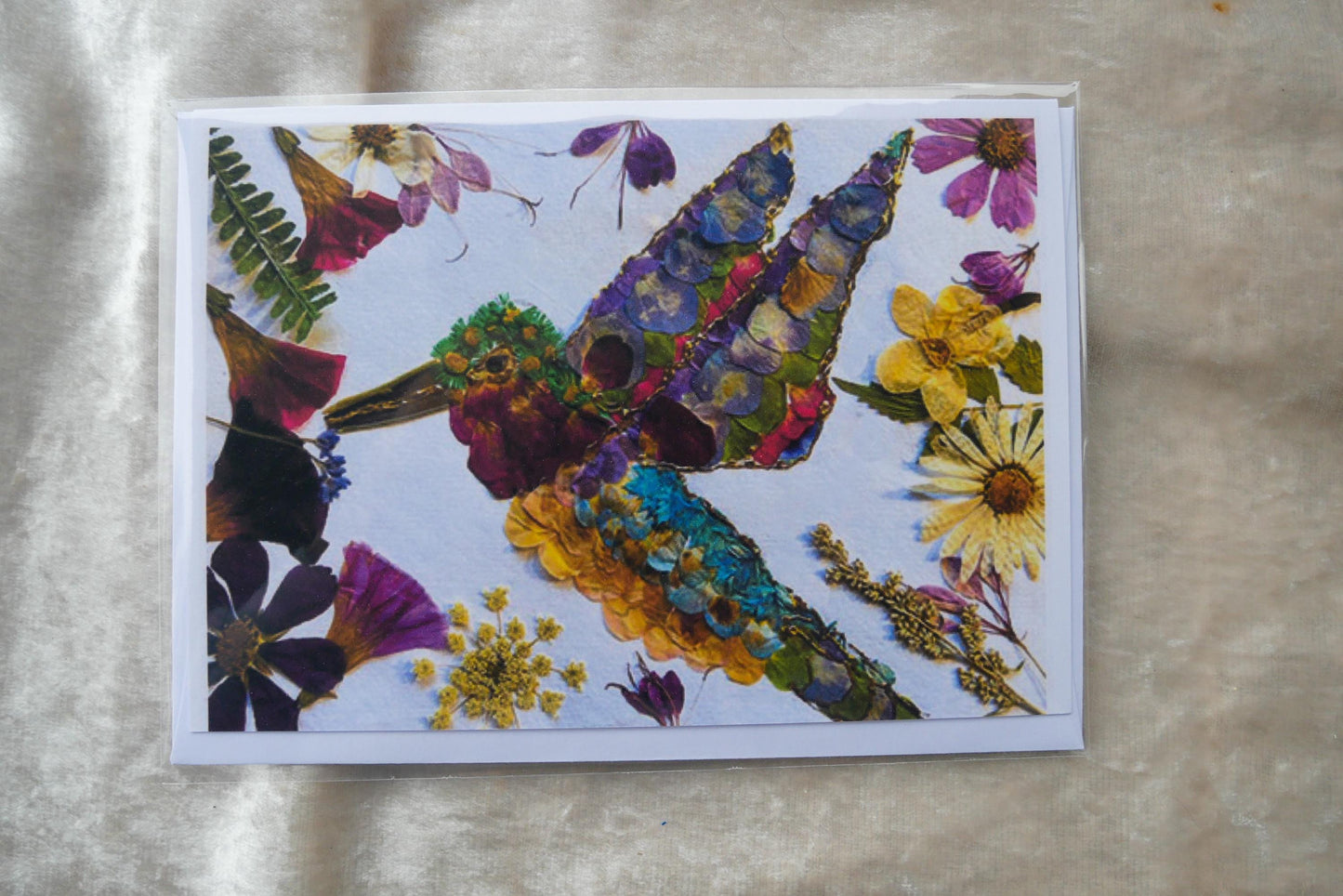 Pressed flower hummingbird greeting card , real flower art PRINT