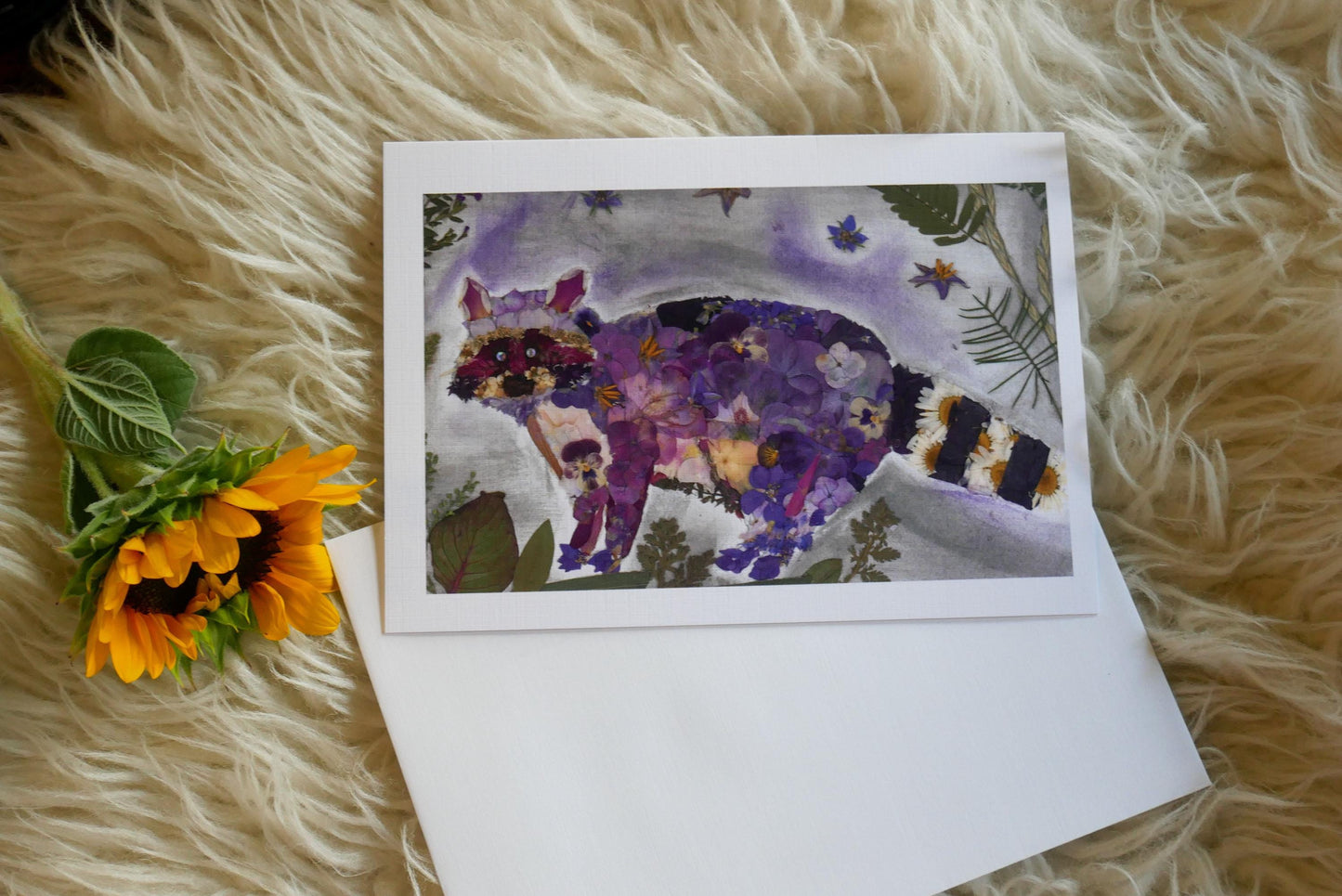 Pressed flower raccoon greeting card, PRINT,  floral whimsical art made with real flowers print, raccoon art