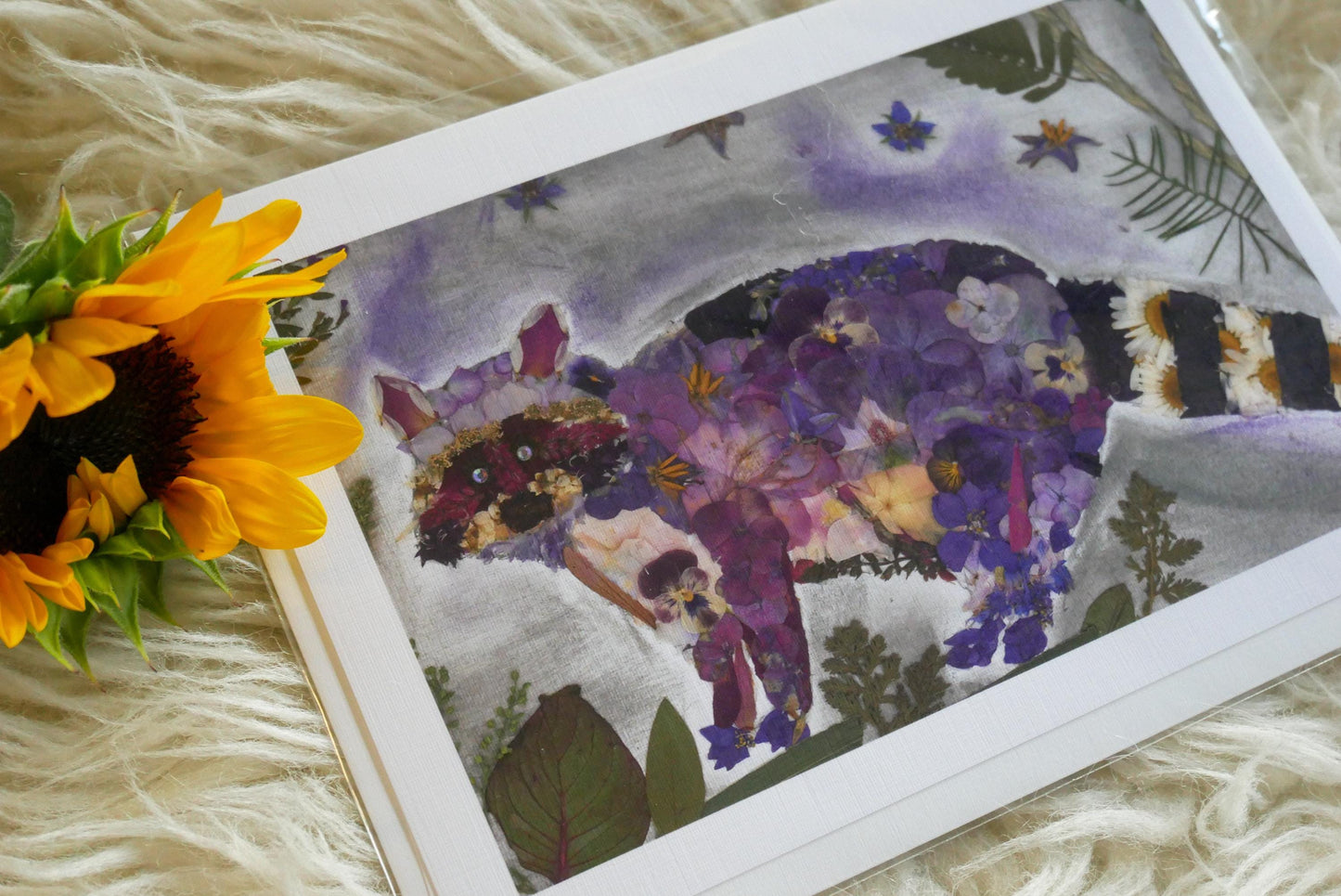 Pressed flower raccoon greeting card, PRINT,  floral whimsical art made with real flowers print, raccoon art