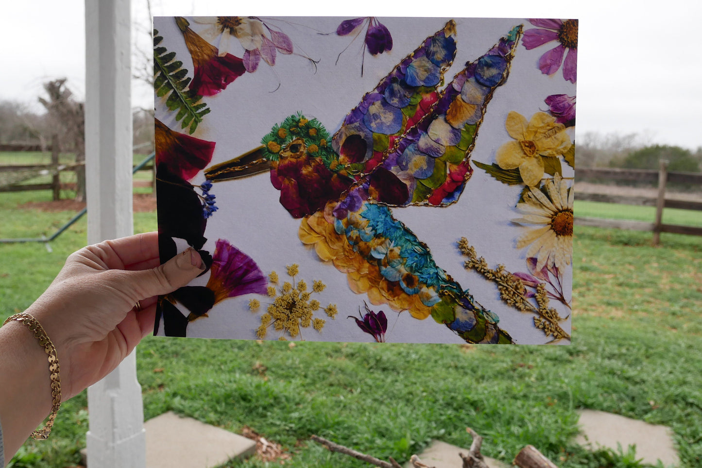 Pressed flower hummingbird greeting card , real flower art PRINT