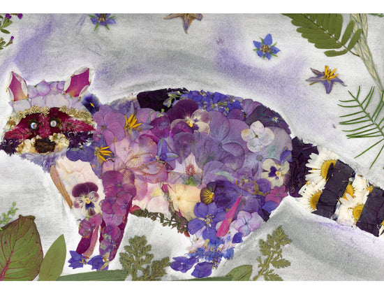 Pressed flower raccoon greeting card, PRINT,  floral whimsical art made with real flowers print, raccoon art