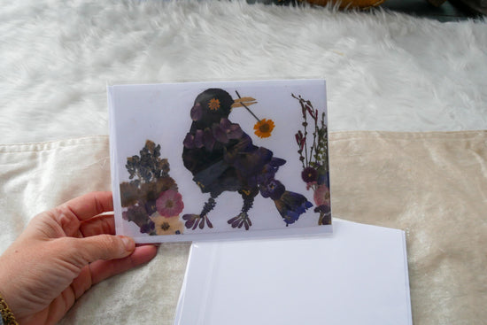 Pressed flower grackle art, floral collage, pressed flower crow art, whimsical bird art