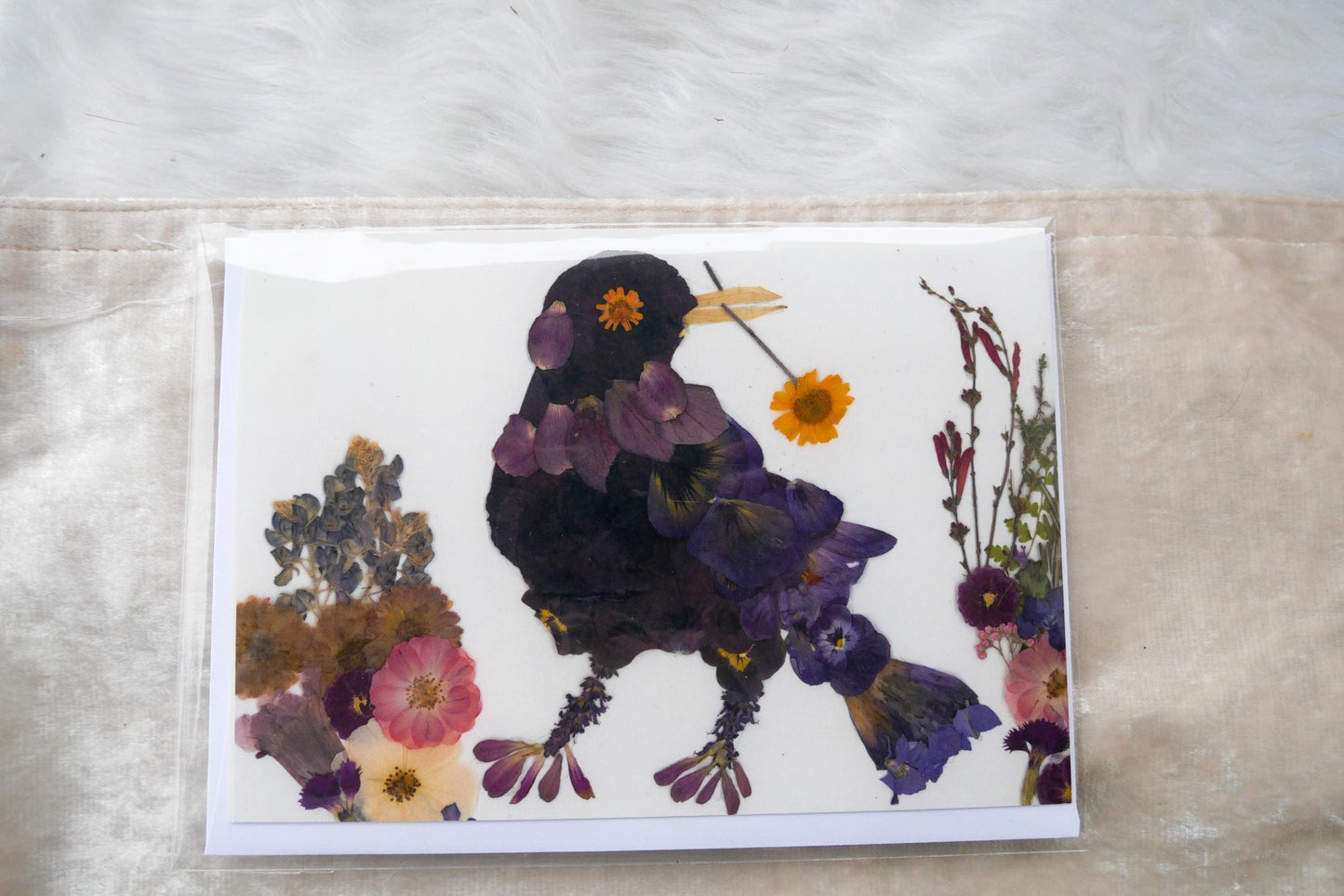 Pressed flower grackle art, floral collage, pressed flower crow art, whimsical bird art