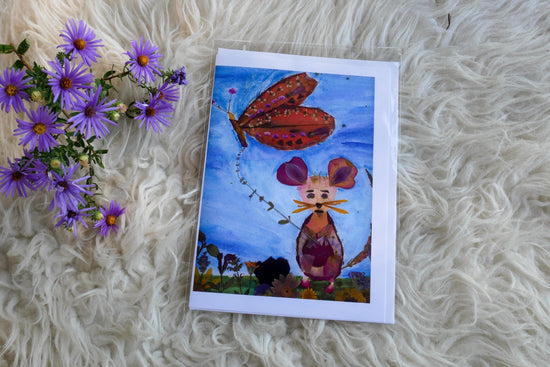 Pressed Flower Mouse  card –print of botanical Mouse with Butterfly Kite blank greeting card