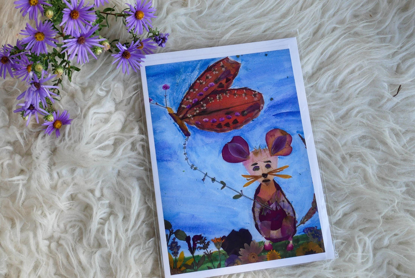 Pressed Flower Mouse  card –print of botanical Mouse with Butterfly Kite blank greeting card