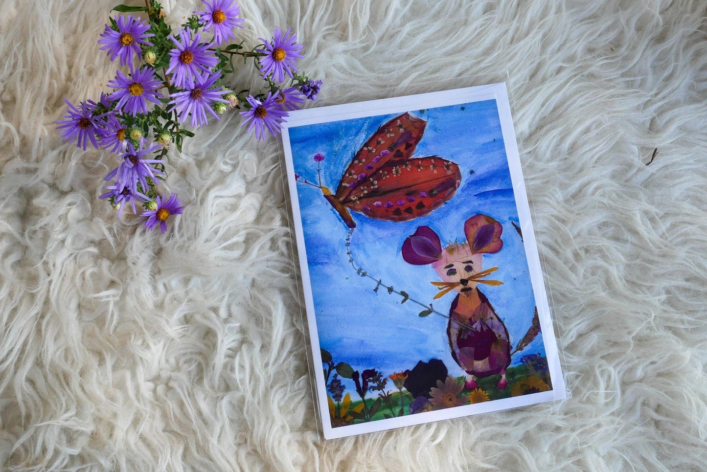 Pressed Flower Mouse  card –print of botanical Mouse with Butterfly Kite blank greeting card