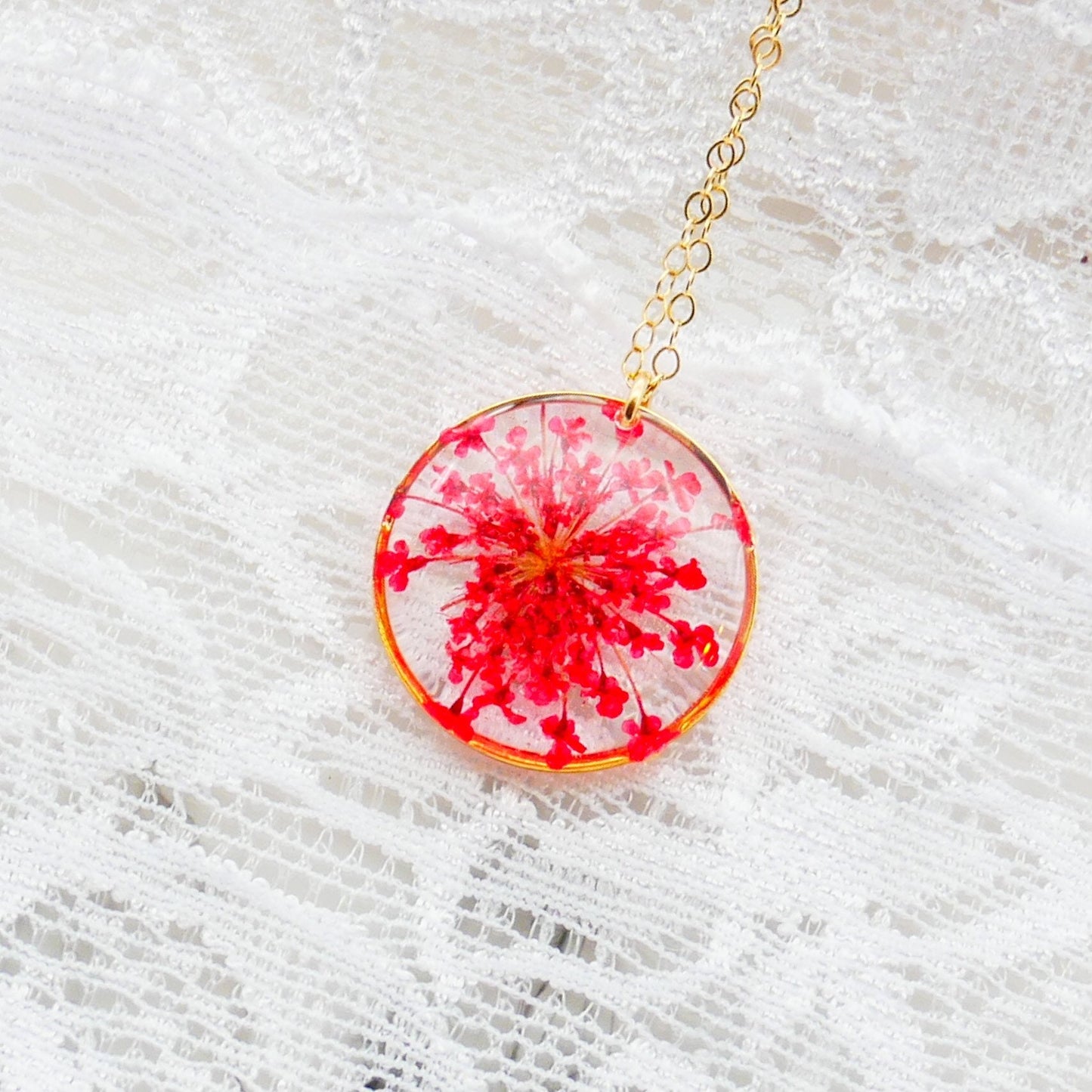 Dainty Queen Annes Lace Necklace, Red Flower Necklace, Pressed flower jewelry