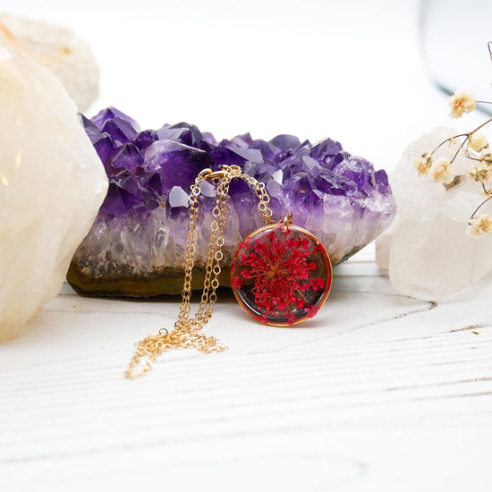 Dainty Queen Annes Lace Necklace, Red Flower Necklace, Pressed flower jewelry