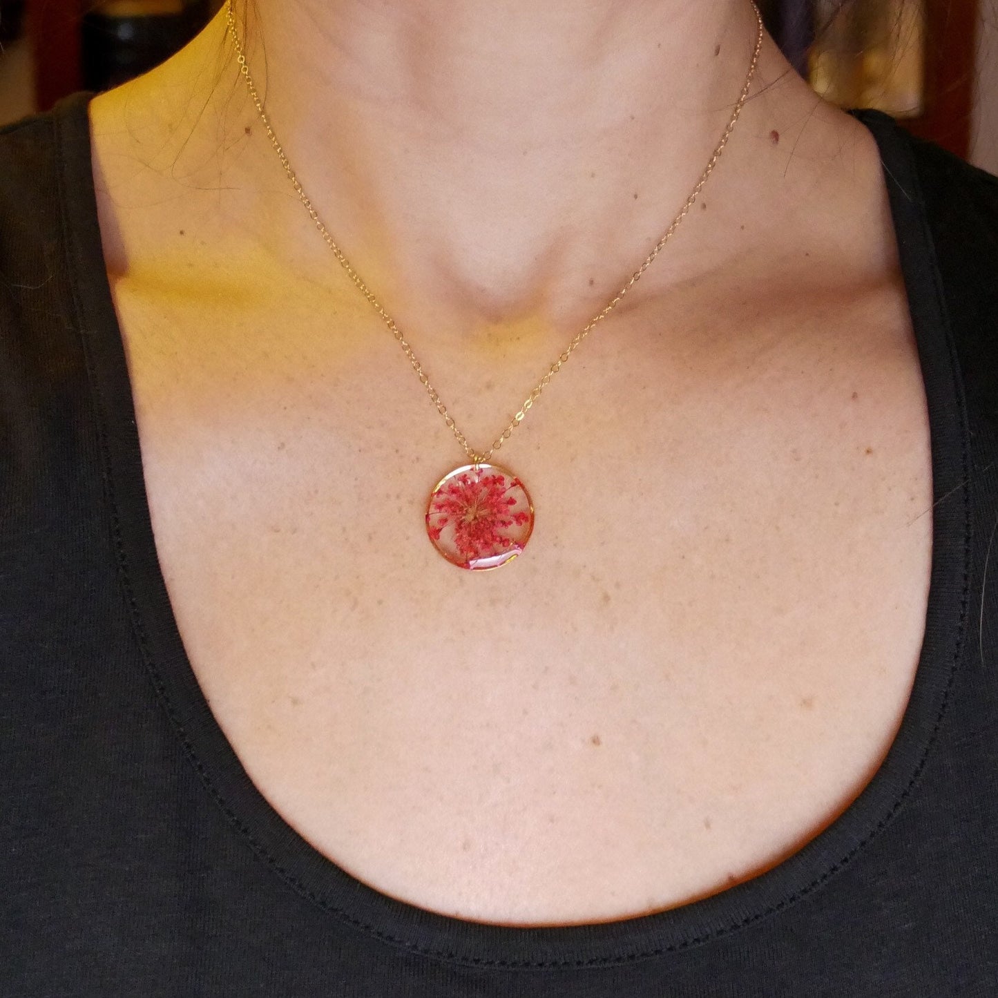 Dainty Queen Annes Lace Necklace, Red Flower Necklace, Pressed flower jewelry