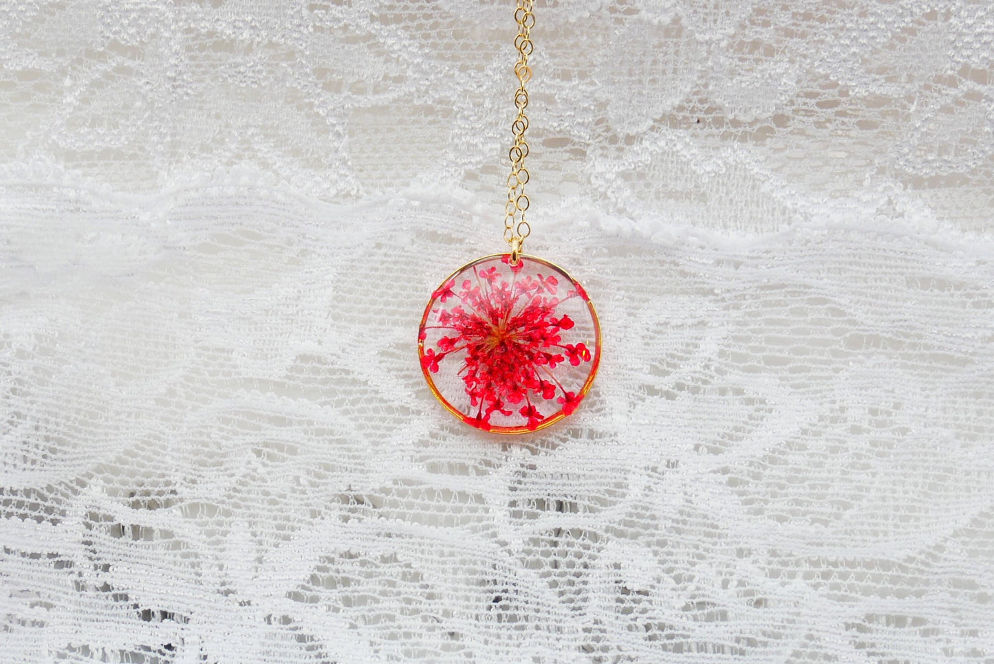 Dainty Queen Annes Lace Necklace, Red Flower Necklace, Pressed flower jewelry