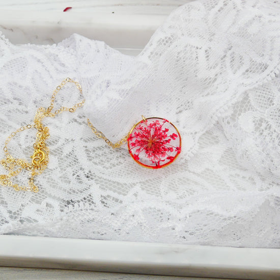 Dainty Queen Annes Lace Necklace, Red Flower Necklace, Pressed flower jewelry