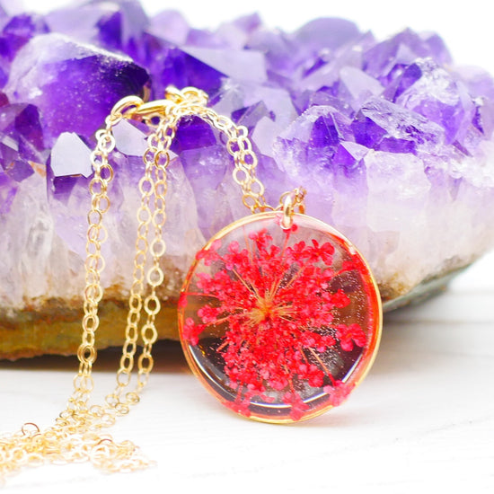 Dainty Queen Annes Lace Necklace, Red Flower Necklace, Pressed flower jewelry