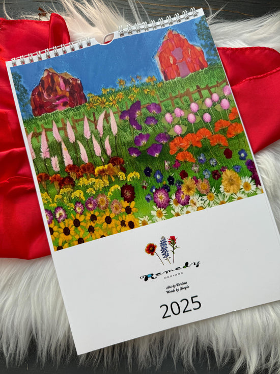 2025 wall calendar with whimsical art prints, pressed flower art,