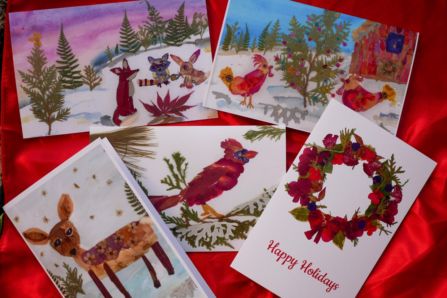 Pressed flower Christmas card set, whimsical pressed flower art print cards set of 5