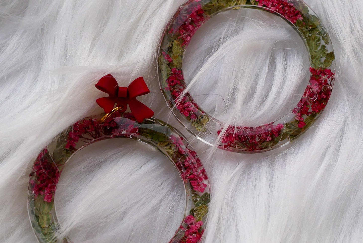 Christmas Wreath Earrings with Bow Stud Toppers | Handmade Resin Hoops with Juniper & Red Flowers | Lightweight Hypoallergenic Holiday Jewel