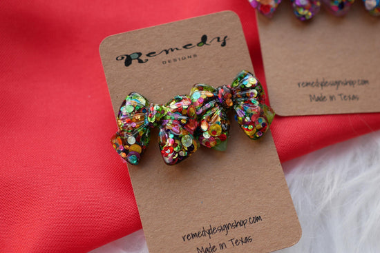 Glitter bow stud earrings, coquette earrings, holiday glitter earrings