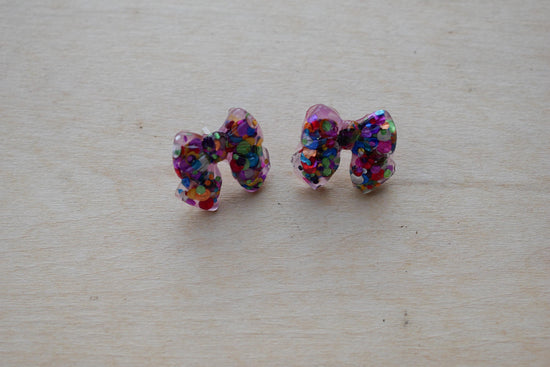 Glitter bow stud earrings, coquette earrings, holiday glitter earrings