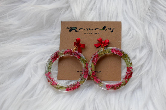 Christmas Wreath Earrings with Bow Stud Toppers | Handmade Resin Hoops with Juniper & Red Flowers | Lightweight Hypoallergenic Holiday Jewel