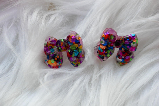 Glitter bow stud earrings, coquette earrings, holiday glitter earrings